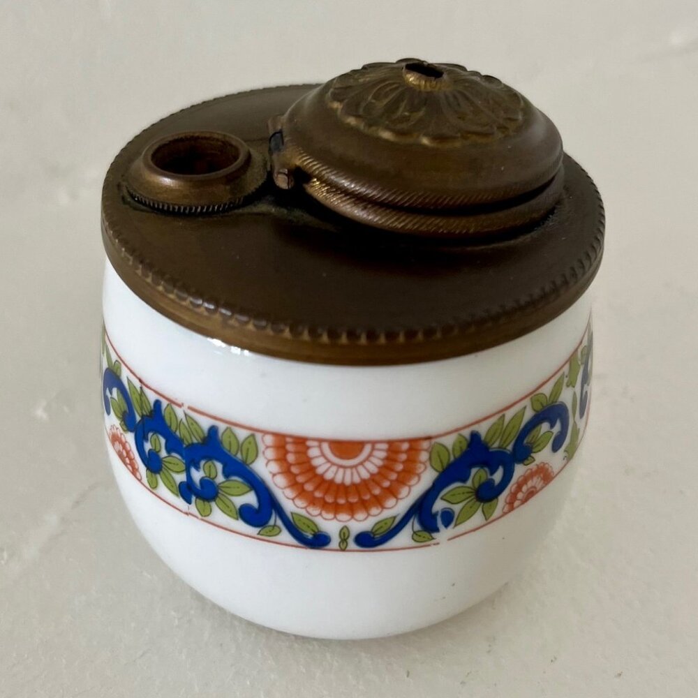 Antique Limoges France Porcelain Inkwell w/ Bronze Lid White Painted Blue Orange